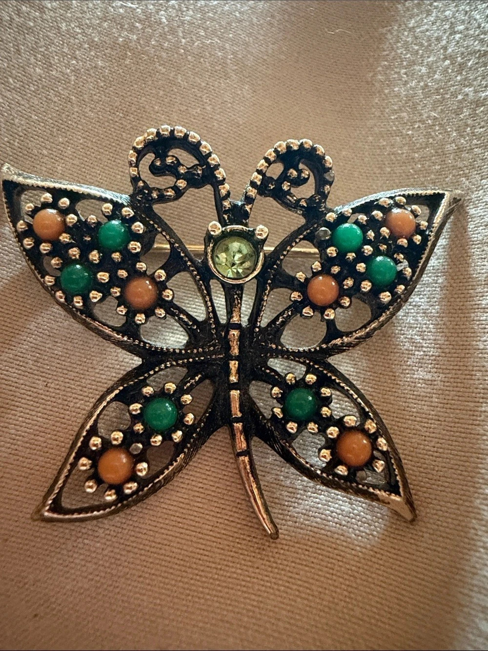 Beaded Butterfly Brooch in Black & Green Like New